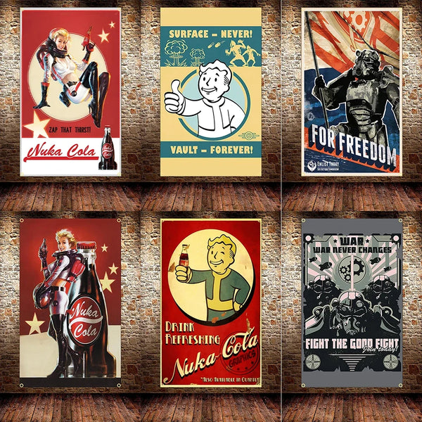 A collage of vintage and modern graphics featuring Nuka Cola branding, including a superhero, a muscular figure, and patrioti
