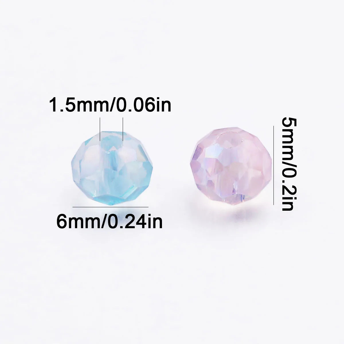 A round, flat purple AB crystal glass bead measuring 6mm, shown next to a scale.
