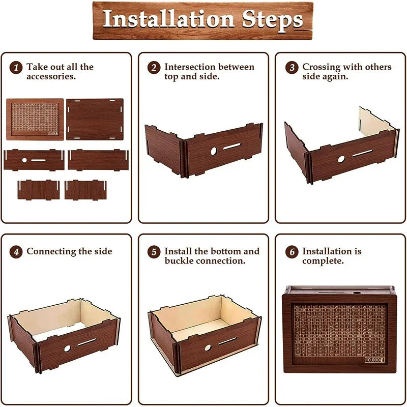 Installation steps for a wooden piggy bank showing assembly and final product.