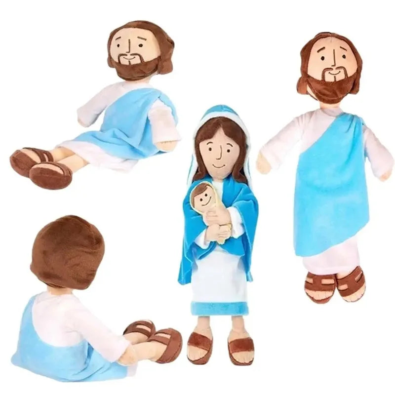 A set of plush dolls depicting Jesus and Mary in soft religious attire.