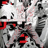 A dynamic anime illustration featuring a character wielding a chainsaw against a red background.