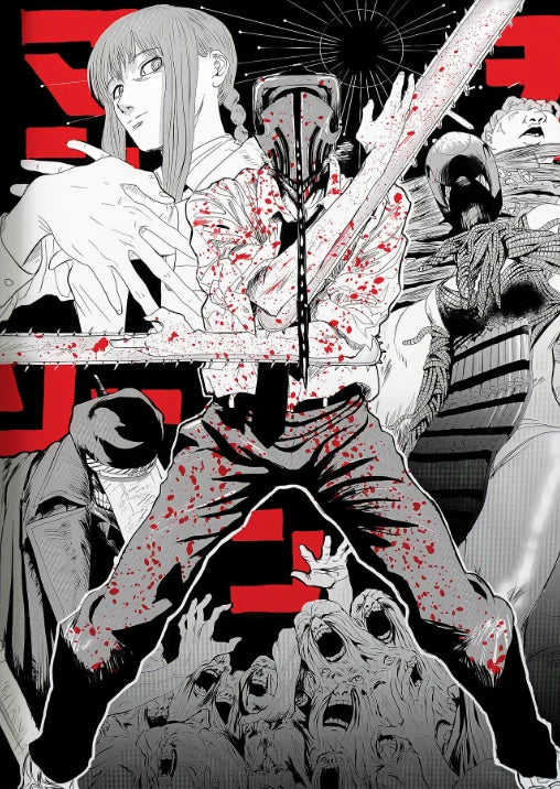 A dynamic anime illustration featuring a character wielding a chainsaw against a red background.