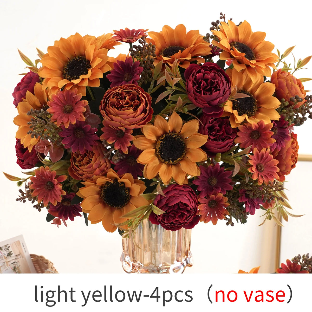 Bouquet de pivoines et de tournesols artificiels, jaune clair et violet foncé