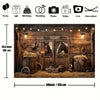 A rustic wooden barn door background featuring leather accents, hay bales, and horses.