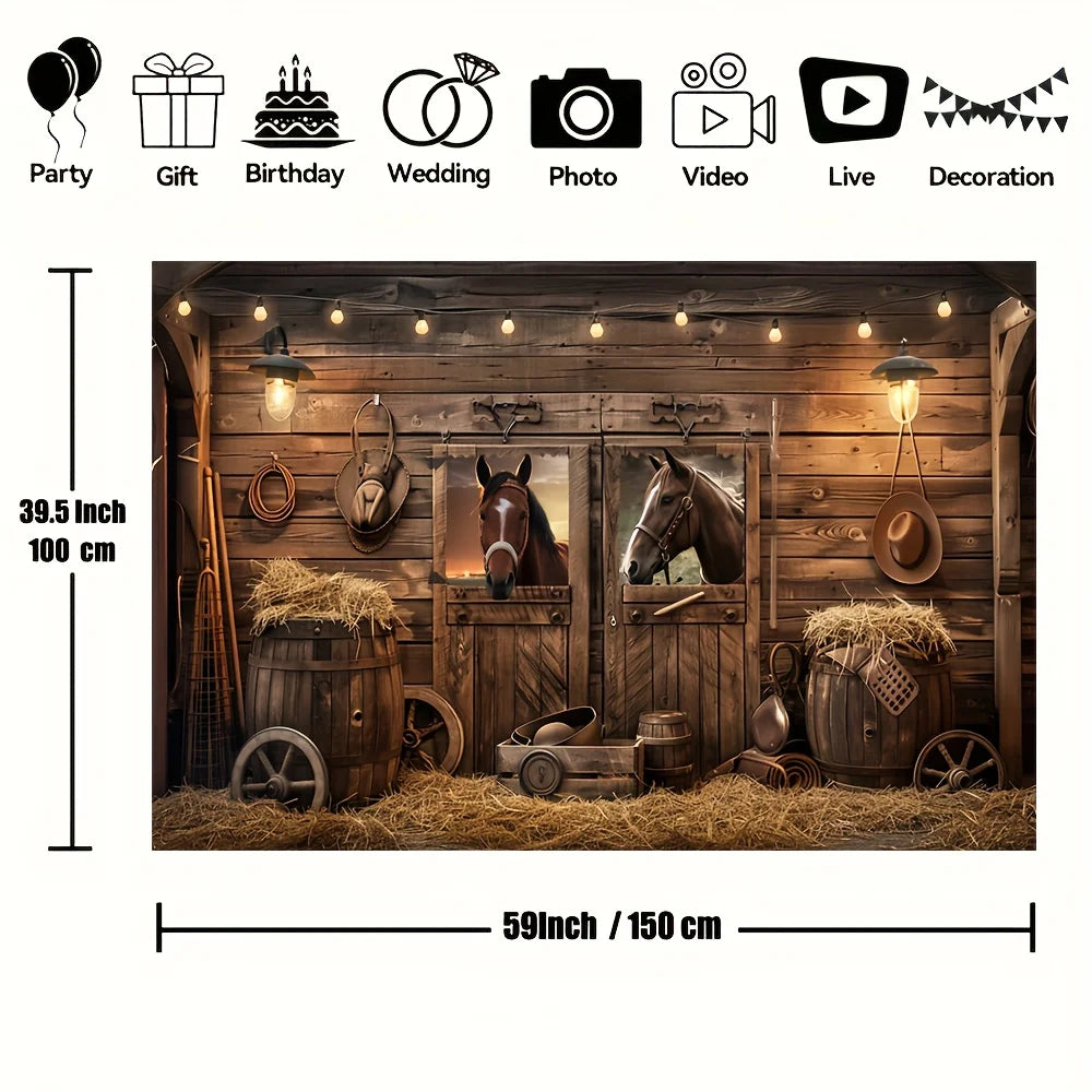 A rustic wooden barn door background featuring leather accents, hay bales, and horses.