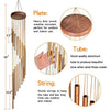 A set of hanging wind chimes featuring a wooden plate, aluminum tubes, and sturdy strings for outdoor and indoor use.