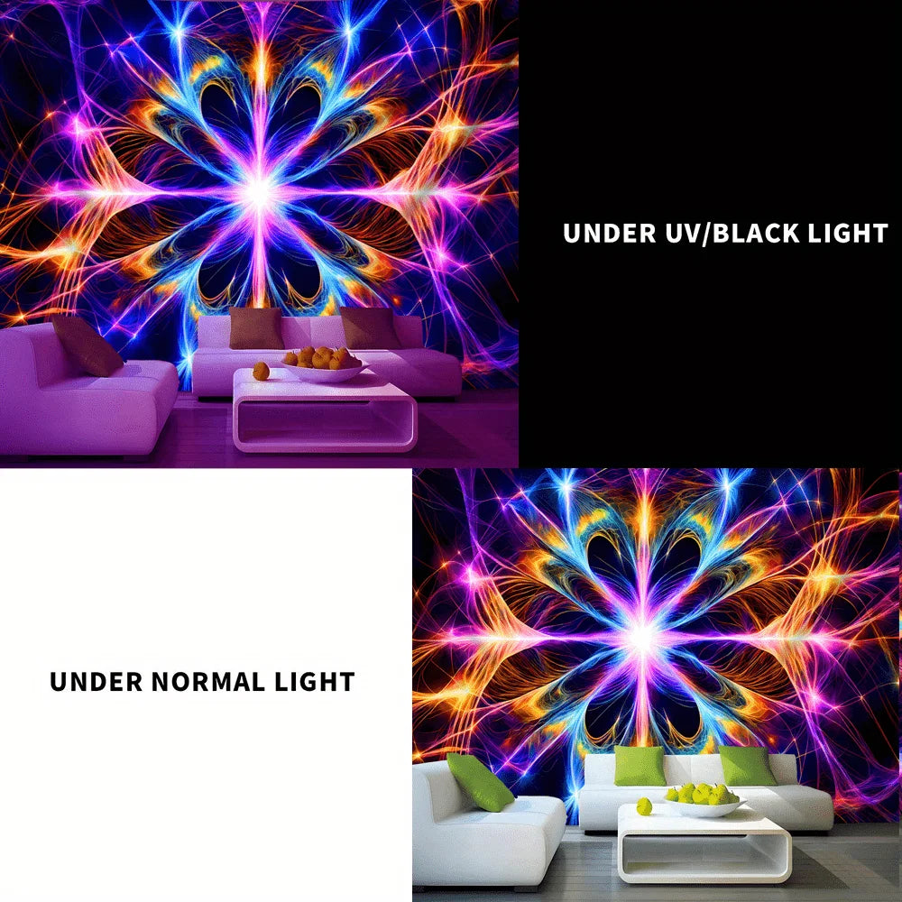 Fantasy glow-in-the-dark wall tapestry displayed under UV/black light and normal light.