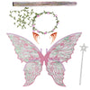Sparkling fairy wings costume set featuring pink iridescent wings, a wand, and a floral crown.