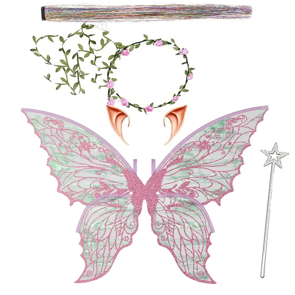 Sparkling fairy wings costume set featuring pink iridescent wings, a wand, and a floral crown.