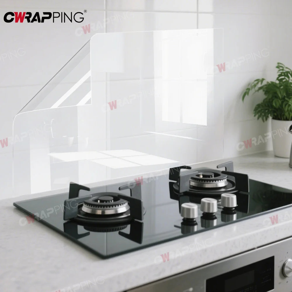 A transparent film protecting a glass surface, likely for furniture or appliances.