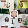 A collection of oval wooden wall photo frames displayed in various contexts like garden, plumbing, storage, and wiring.
