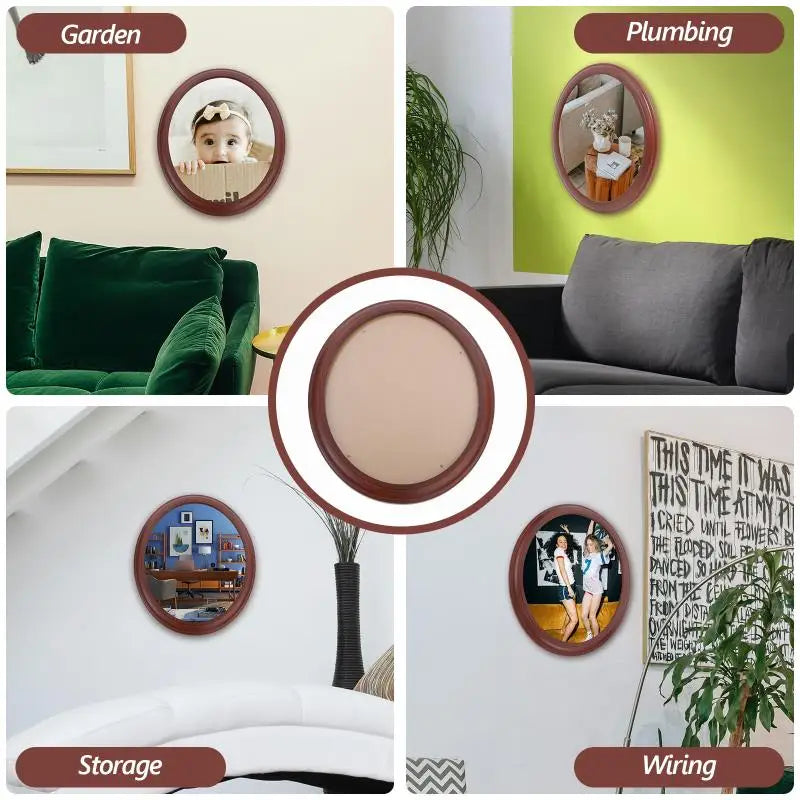 A collection of oval wooden wall photo frames displayed in various contexts like garden, plumbing, storage, and wiring.