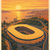 A vintage poster depicting Istanbul at sunset with a large stadium labeled Tüpraş Stadyumu - Beşiktaş.
