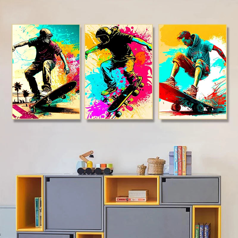 Three canvases featuring skateboarders in dynamic poses against vibrant, colorful backgrounds.
