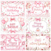 A collection of pink and white birthday party banners featuring bows, flowers, and text.
