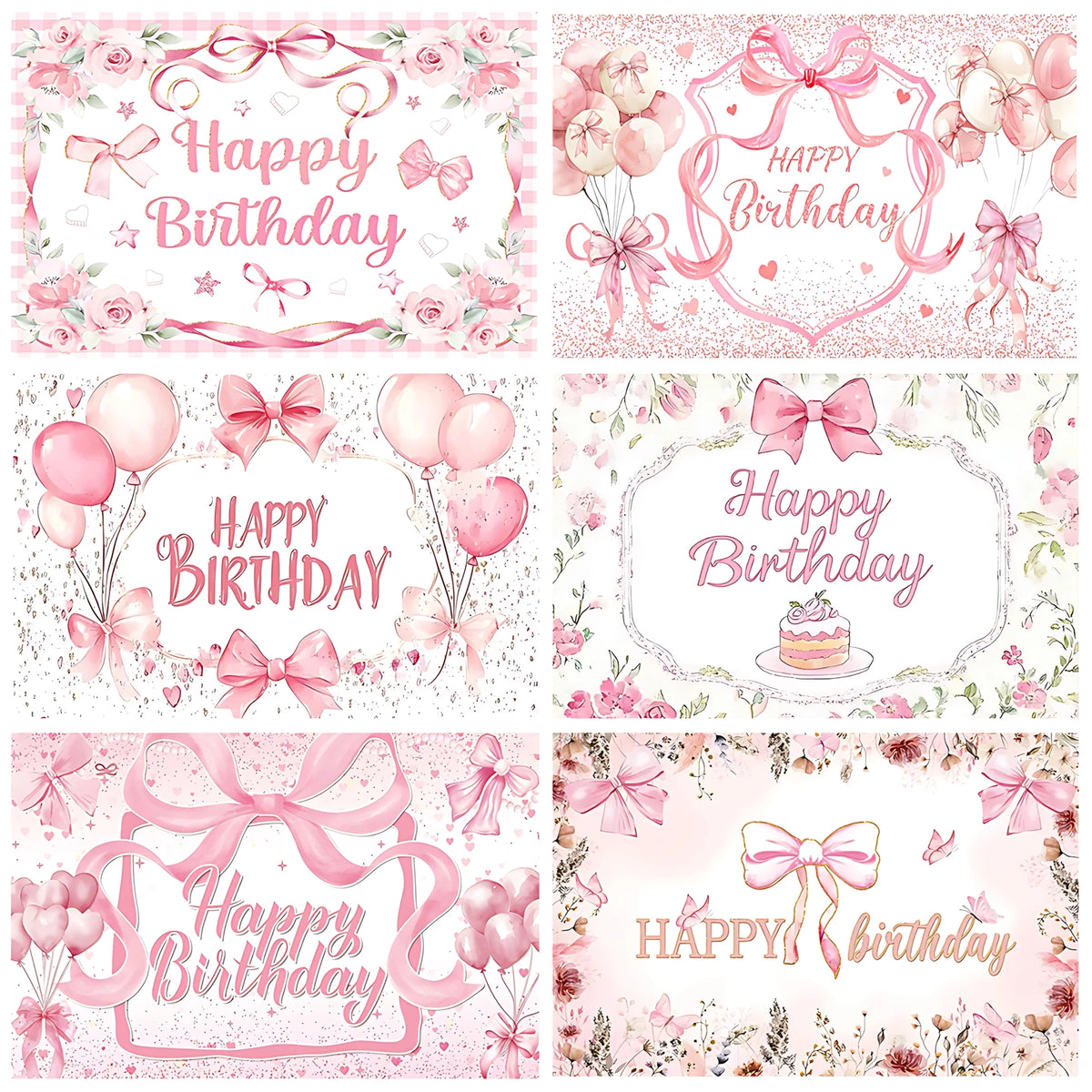 A collection of pink and white birthday party banners featuring bows, flowers, and text.