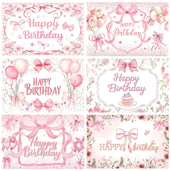 A collection of pink and white birthday party banners featuring bows, flowers, and text.
