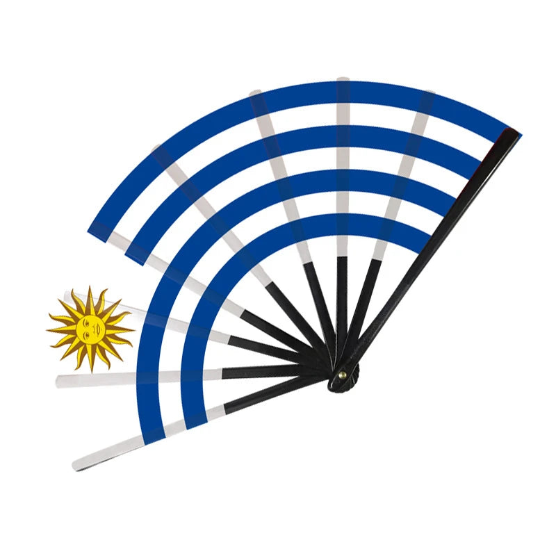 A folding cheering fan with blue and gray stripes radiating from a yellow sun design.