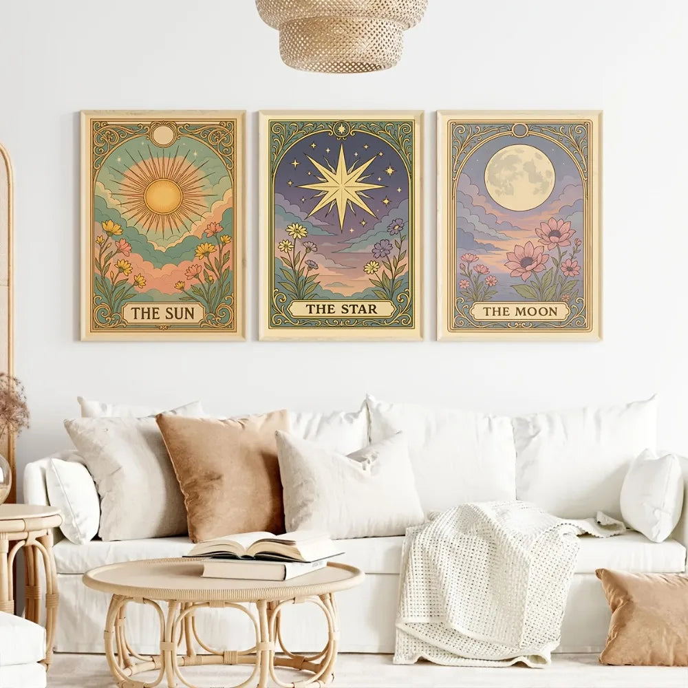 Frameless celestial wall art set featuring canvas prints of the sun, star, and moon in gold and earth tones