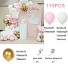 A kit containing 119 pieces of white and pink latex balloons, including a garland arch, various sized balloons, glue dots, an