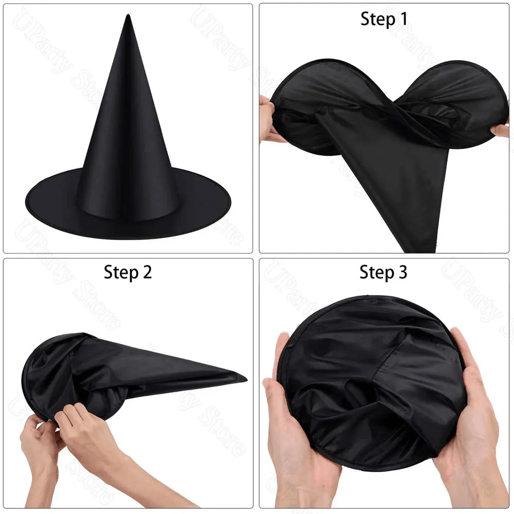 Three steps showing how to fold a black witch hat for Halloween décor