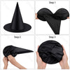 Three steps showing how to fold a black witch hat for Halloween décor