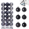 A set of 24 festive black and silver Christmas baubles for holiday tree decoration.