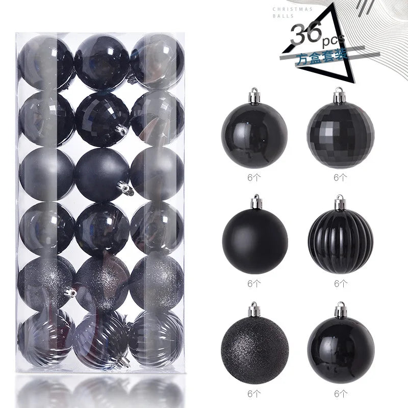A set of 24 festive black and silver Christmas baubles for holiday tree decoration.
