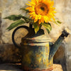 A still life painting featuring a bright yellow sunflower in a dark blue teapot on a stone surface.