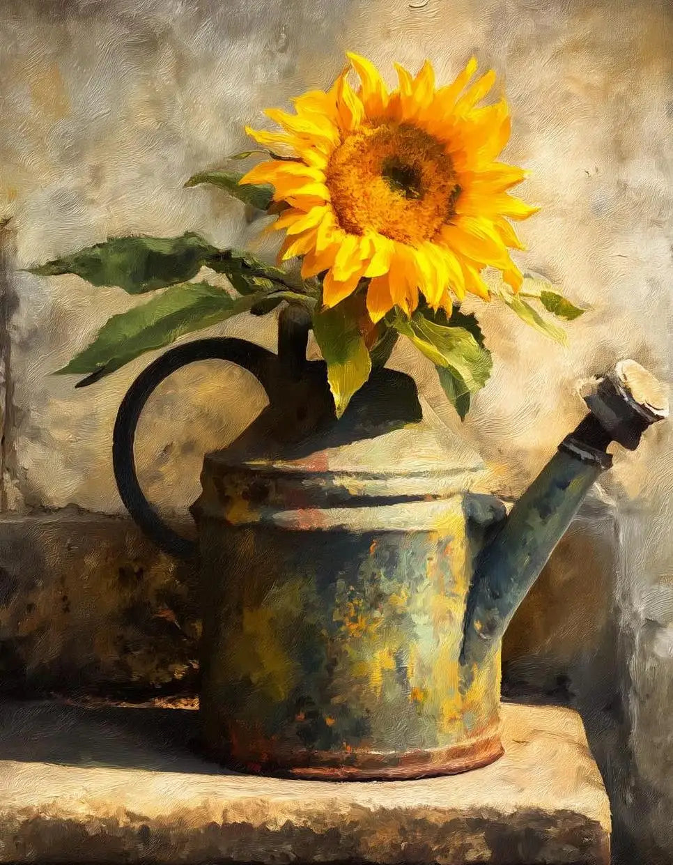 A still life painting featuring a bright yellow sunflower in a dark blue teapot on a stone surface.