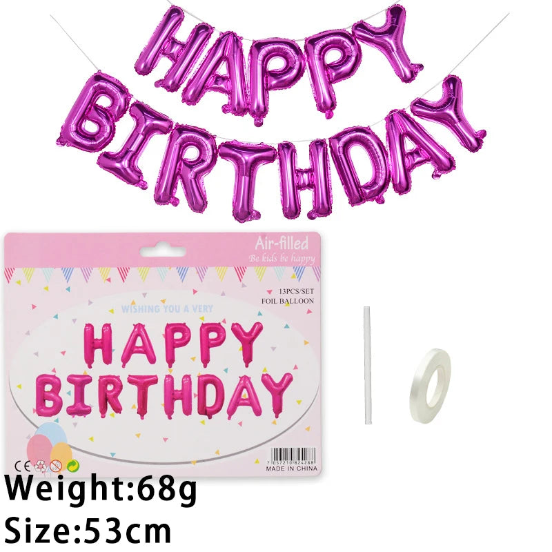 A set of 13 pink foil letter birthday balloons arranged in a decorative arc.