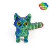 A blue-green 3D printed cat figurine with an articulated tail.
