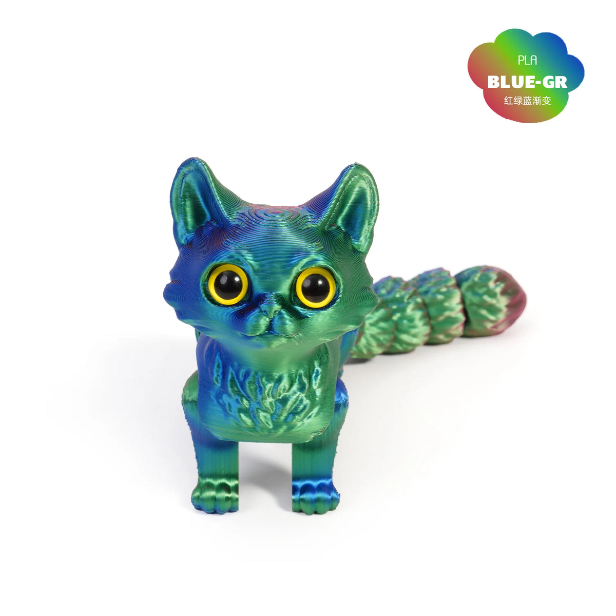 A blue-green 3D printed cat figurine with an articulated tail.