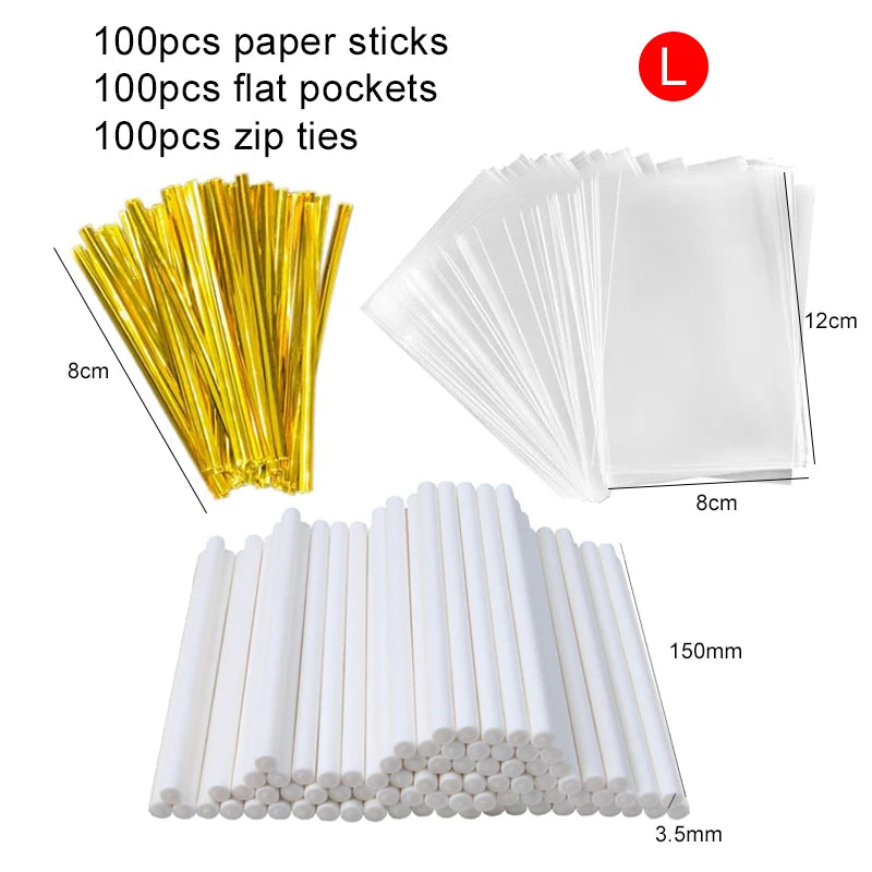 A kit containing 100 paper sticks, 100 flat pockets, and 100 zip ties for lollipop packaging.
