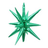 A cluster of metallic green star burst foil balloons for party decor