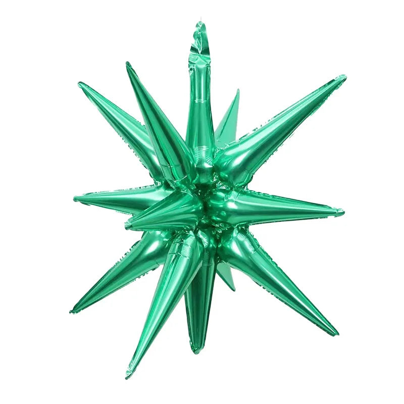 A cluster of metallic green star burst foil balloons for party decor