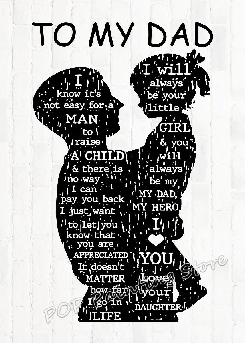 Black silhouette of a father and daughter embracing, filled with text expressing love and pride.