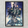 A poster featuring characters from Attack on Titan in a dramatic, dark blue and purple setting.