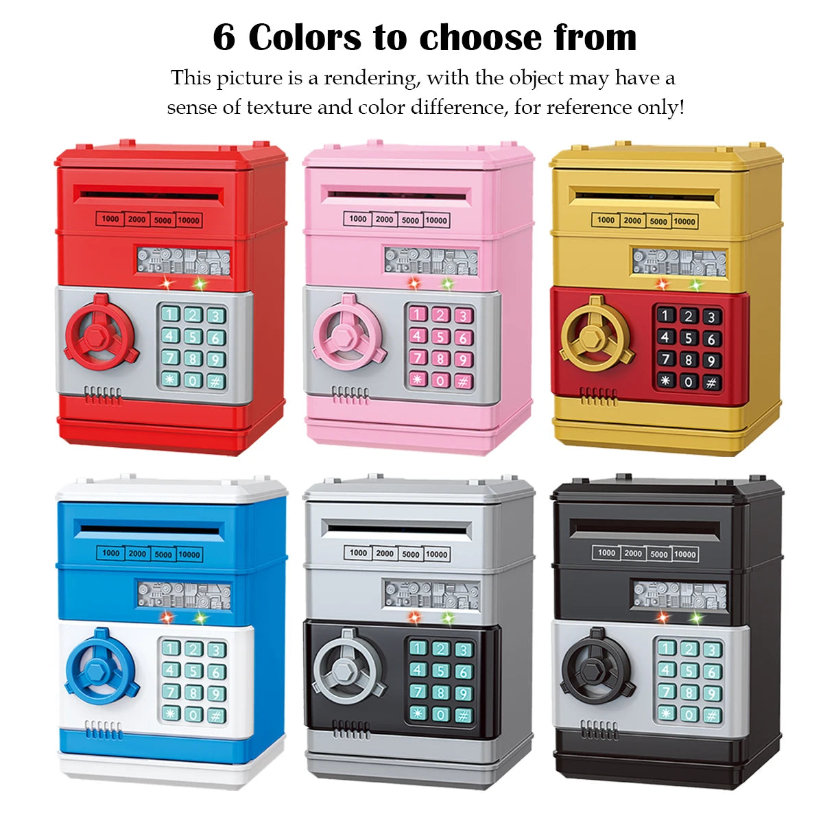 Six colored password saving piggy banks for kids displayed in various shades of red, pink, yellow, blue, and gray.
