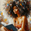 A portrait of an African American woman with voluminous dark hair reading a book, rendered in an expressive, textured paintin