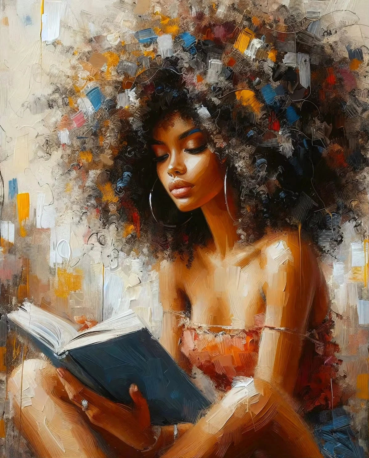 A portrait of an African American woman with voluminous dark hair reading a book, rendered in an expressive, textured paintin