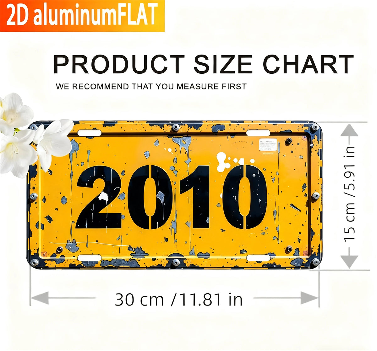 A yellow metal sign with the number 2010 is shown, used as a product size chart.