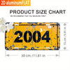 A yellow metal sign with the number 2004, showing a size chart for a 2D aluminum flat product.