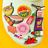 Colorful Mexico themed PVC shoe charms featuring suns, tacos, chili peppers, and Mexican icons.