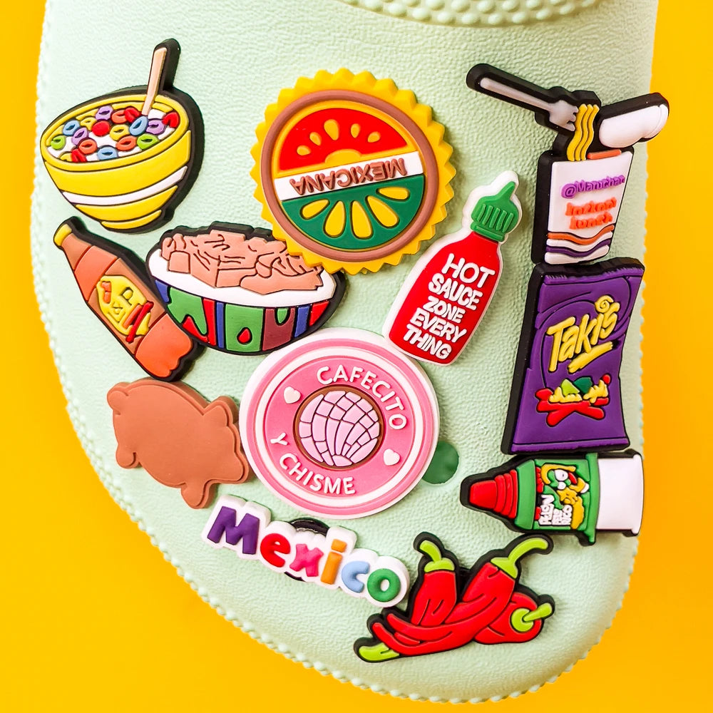 Colorful Mexico themed PVC shoe charms featuring suns, tacos, chili peppers, and Mexican icons.