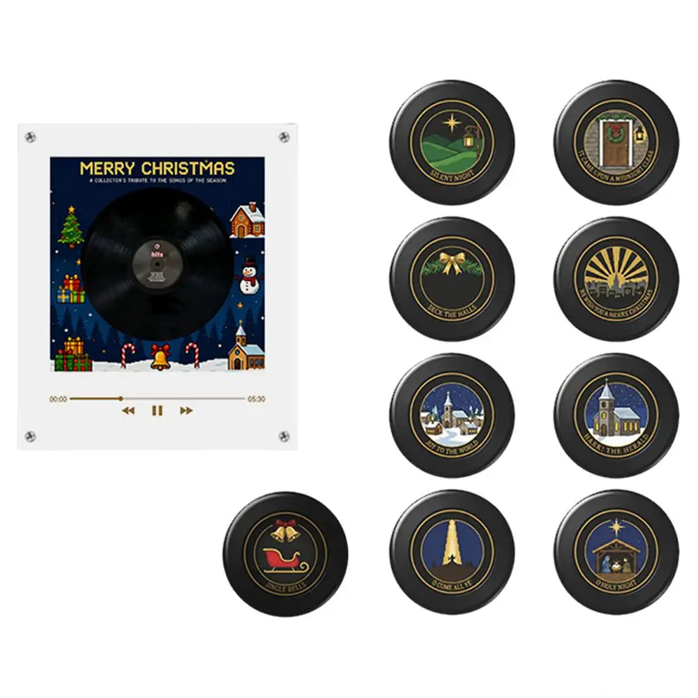 A set of magnetic vinyl record night lights featuring various Christmas and seasonal themes.