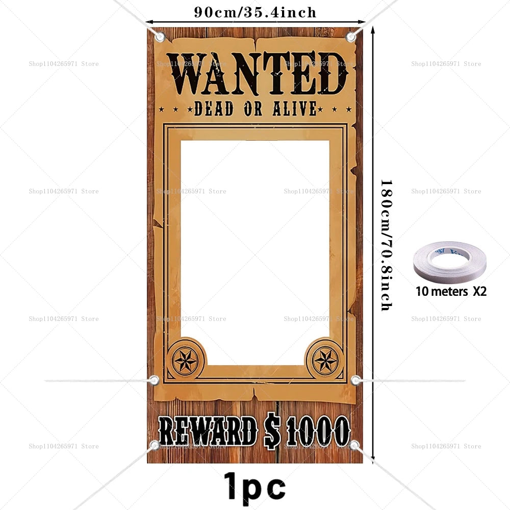 A wooden sign prop for a photo booth featuring the text WANTED DEAD OR ALIVE and a reward of $1000