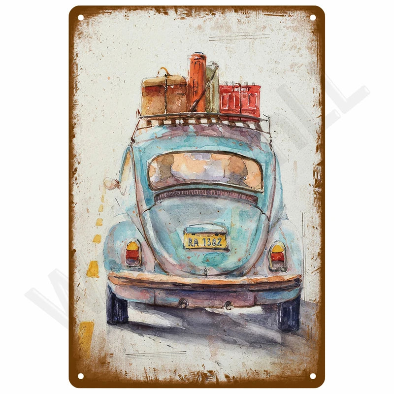 A vintage blue metal wall sign depicting an old car with stacked boxes on the roof.
