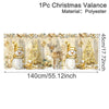 Festive Christmas valence curtains featuring snowmen, reindeer, and Christmas trees on a light background.
