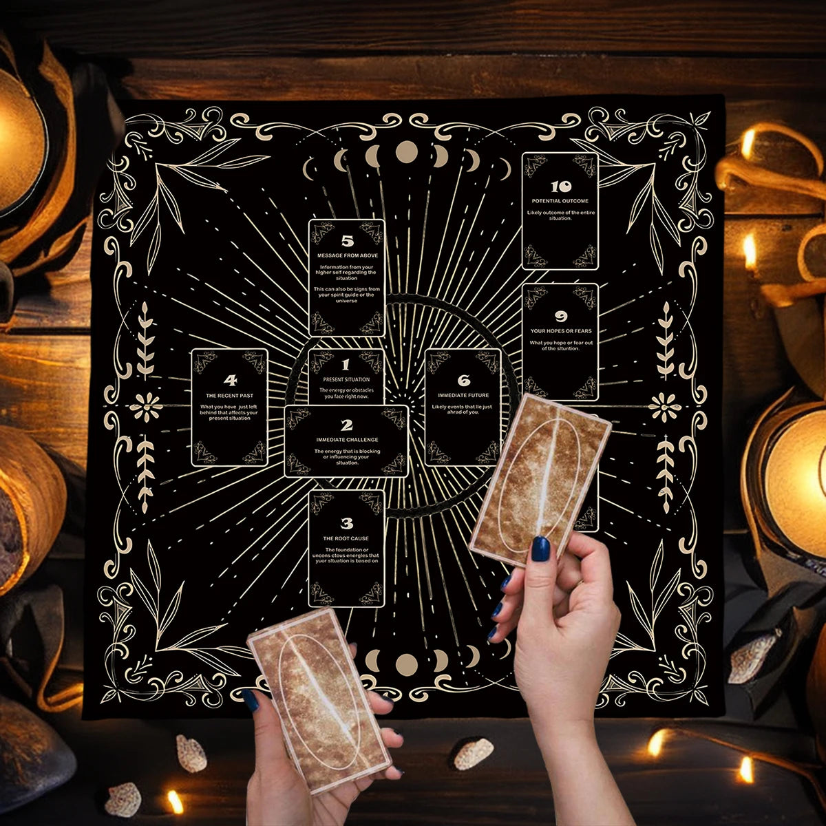 Hands hold a square Celtic cross altar cloth for tarot and divination on a dark background.